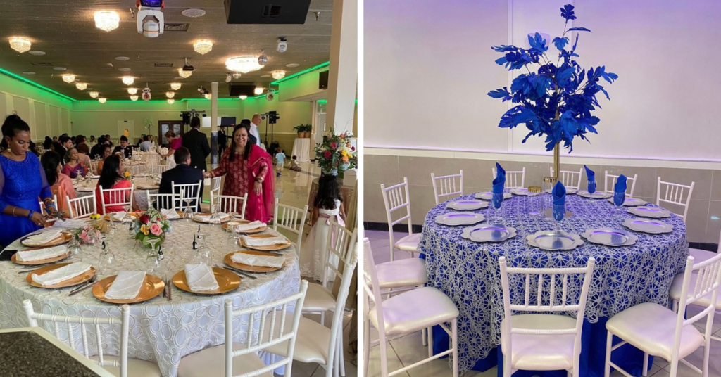 Blue and white wedding reception tables with elegant floral decor.