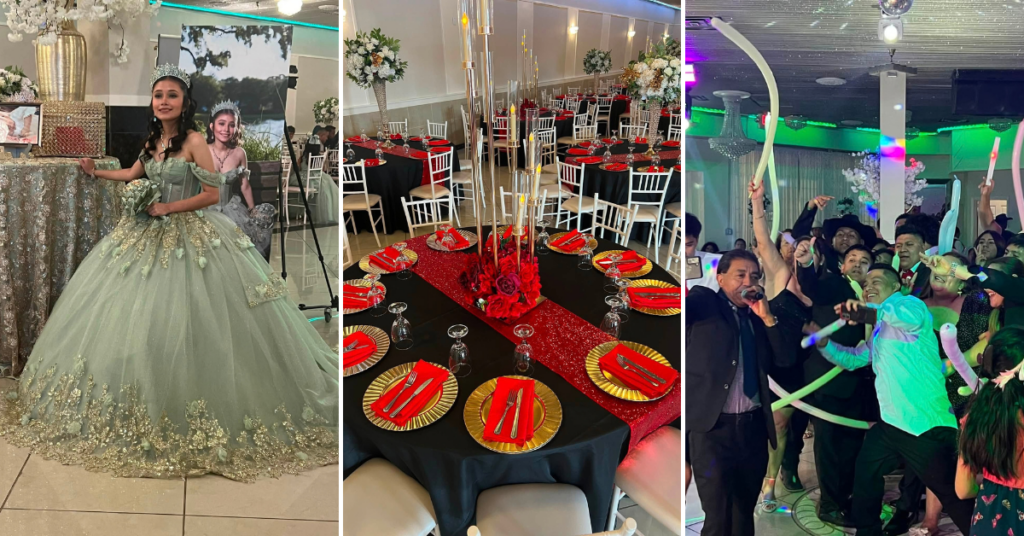 Elegant quinceañera gown, red table decor, and lively wedding celebration.
