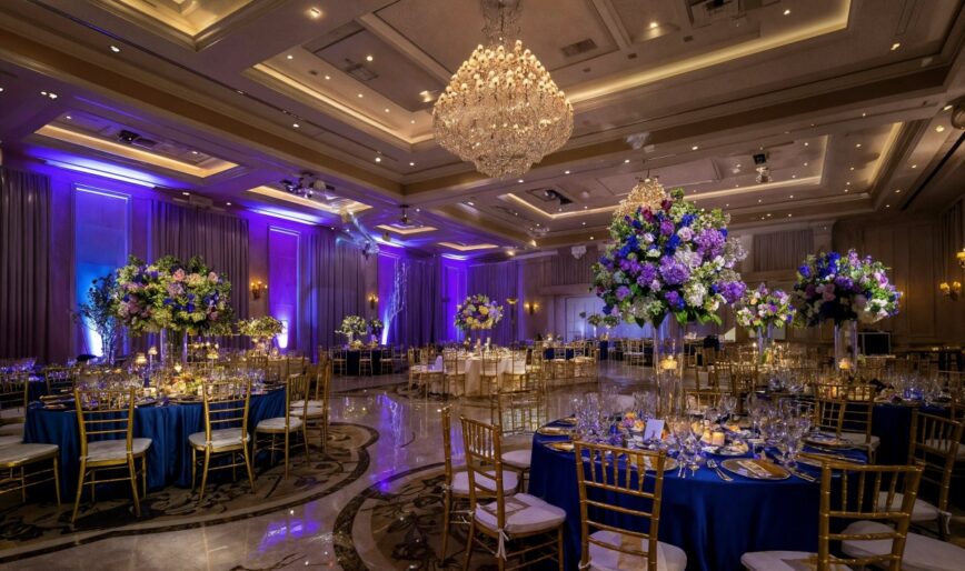 Decorated wedding hall with flowers and chandeliers.